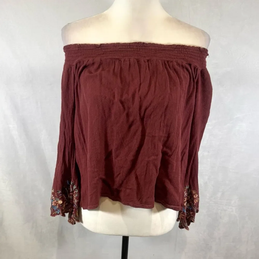 The Cove burgundy scallop embroidered long sleeve off shoulder top size small